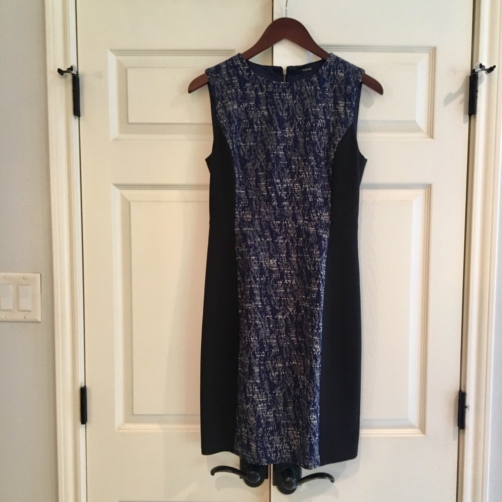 Tahari Navy Textured-Panel Sleeveless Sheath Dress